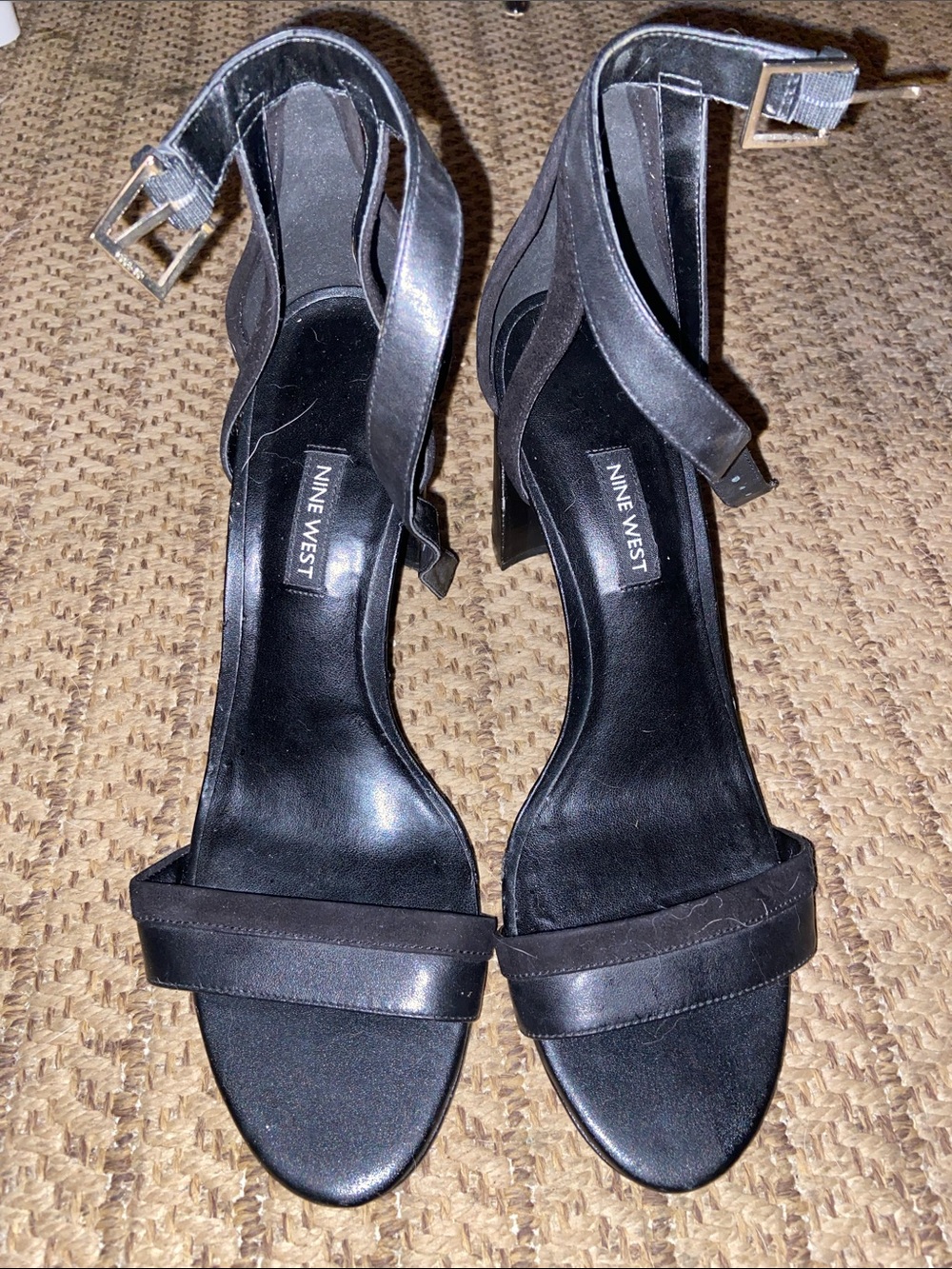 Nine West Black Leather Ankle-Strap Block Heel Sandals